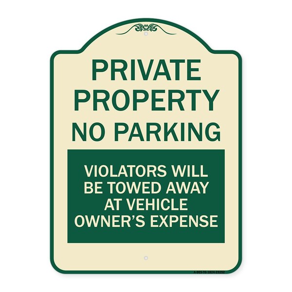 Signmission Private Property No Parking Violators Will Be Towed Away at Vehicle Owners Expense, TG-1824-23252 A-DES-TG-1824-23252 - main